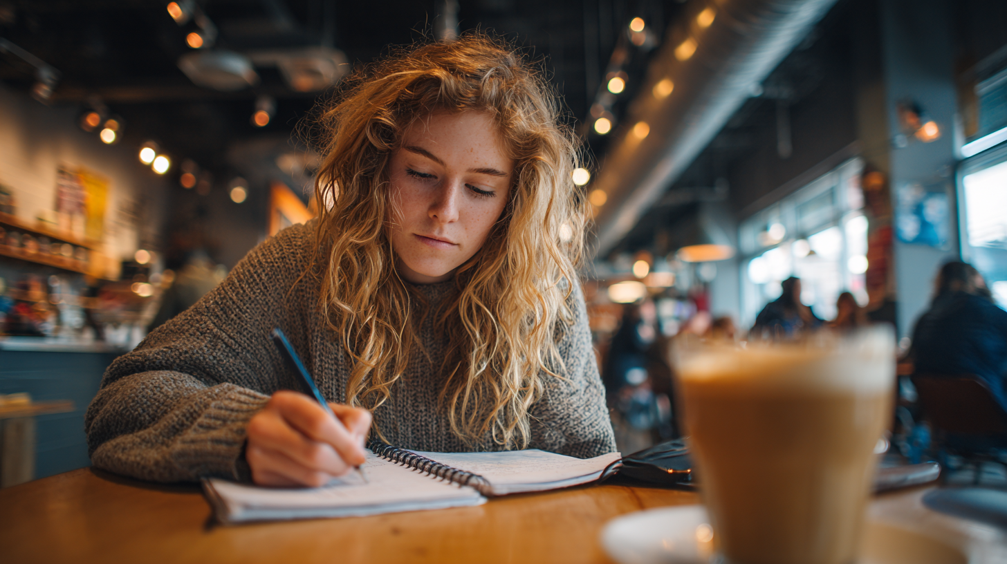 Junge Frau sitzt in einem Cafe an einem Tisch und schreibt in ein Notizbuch