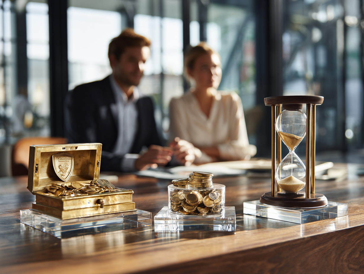 Zwei Geschäftsleute im Hintergrund, im Vordergrund Safe, Goldmünzen und Sanduhr als Symbol für Festgeldanlage.
