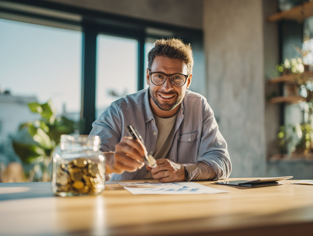Mann sitzt an einem Tisch vor einem Glas mit Geld und schreibt etwas auf ein Blatt