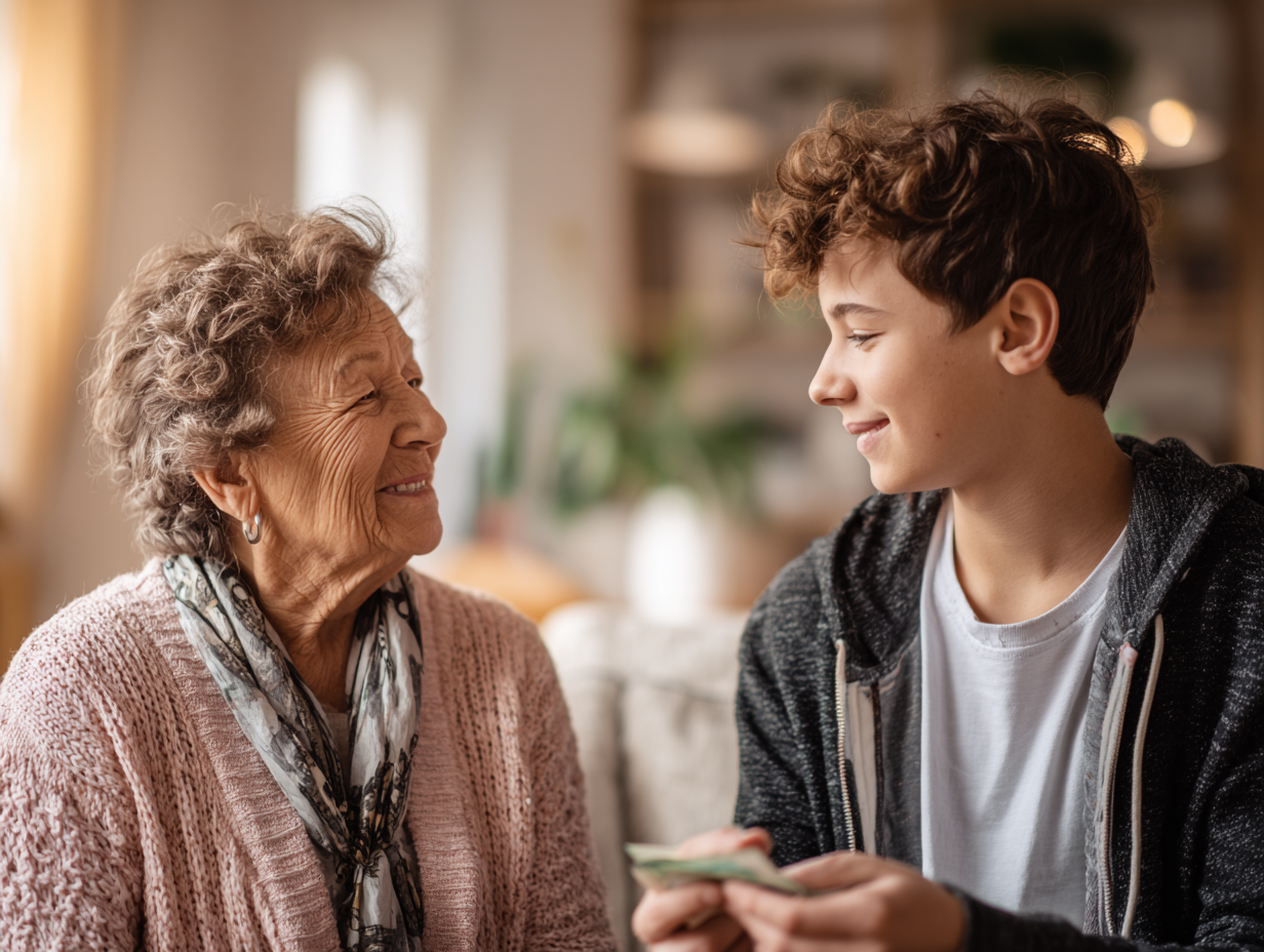 Eine Oma gibt ihrem Enkel Geld, sie lächeln sich an