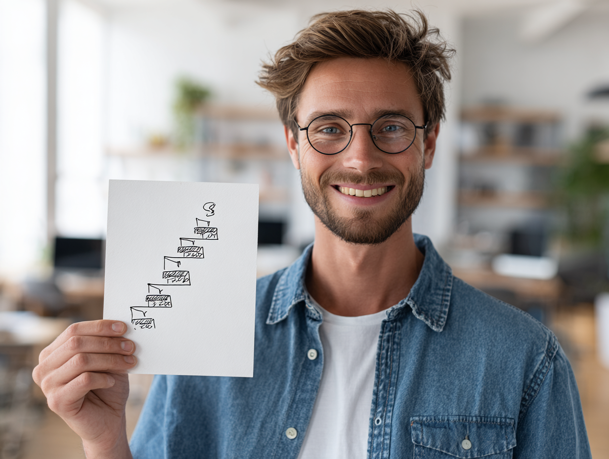 Junger Mann mit Brille hält Blatt mit aufsteigender Schritt-für-Schritt-Grafik in hellem Büro.