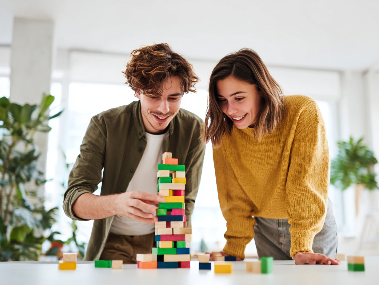 Ein junger Mann und eine junge Frau stehen an einem Tisch und bauen einen Turm aus Bausteinen