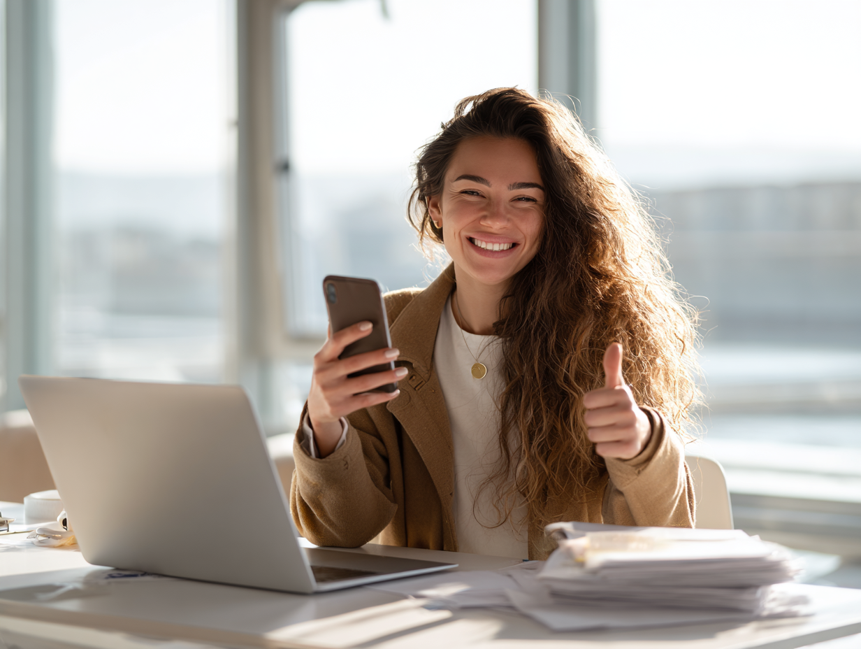 Lächelnde Frau am Schreibtisch mit Laptop und Smartphone zeigt Daumen hoch für ihr neues Geschäftskonto.
