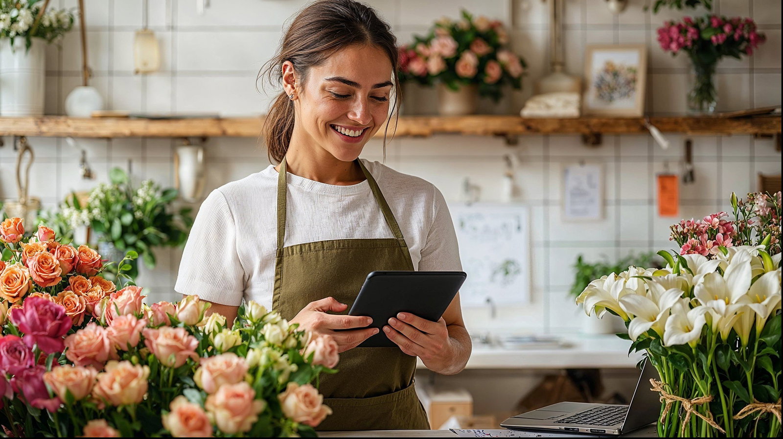 Floristin im Blumenladen mit Schürze hält Tablet vor bunten Sträußen, um ihr Geschäftskonto zu verwalten.