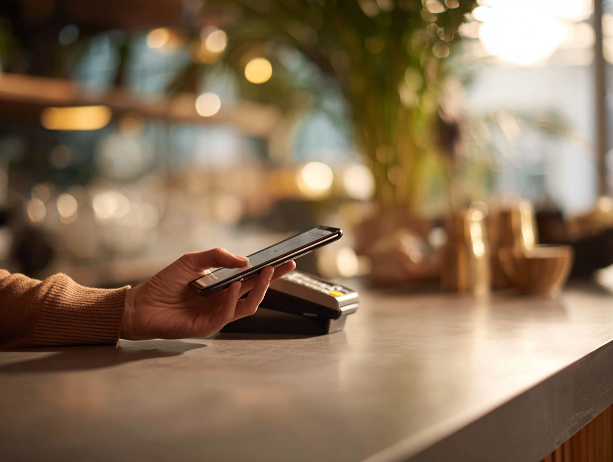 Person führt kontaktlose Zahlung per Smartphone am Terminal ihres Girokontos durch.