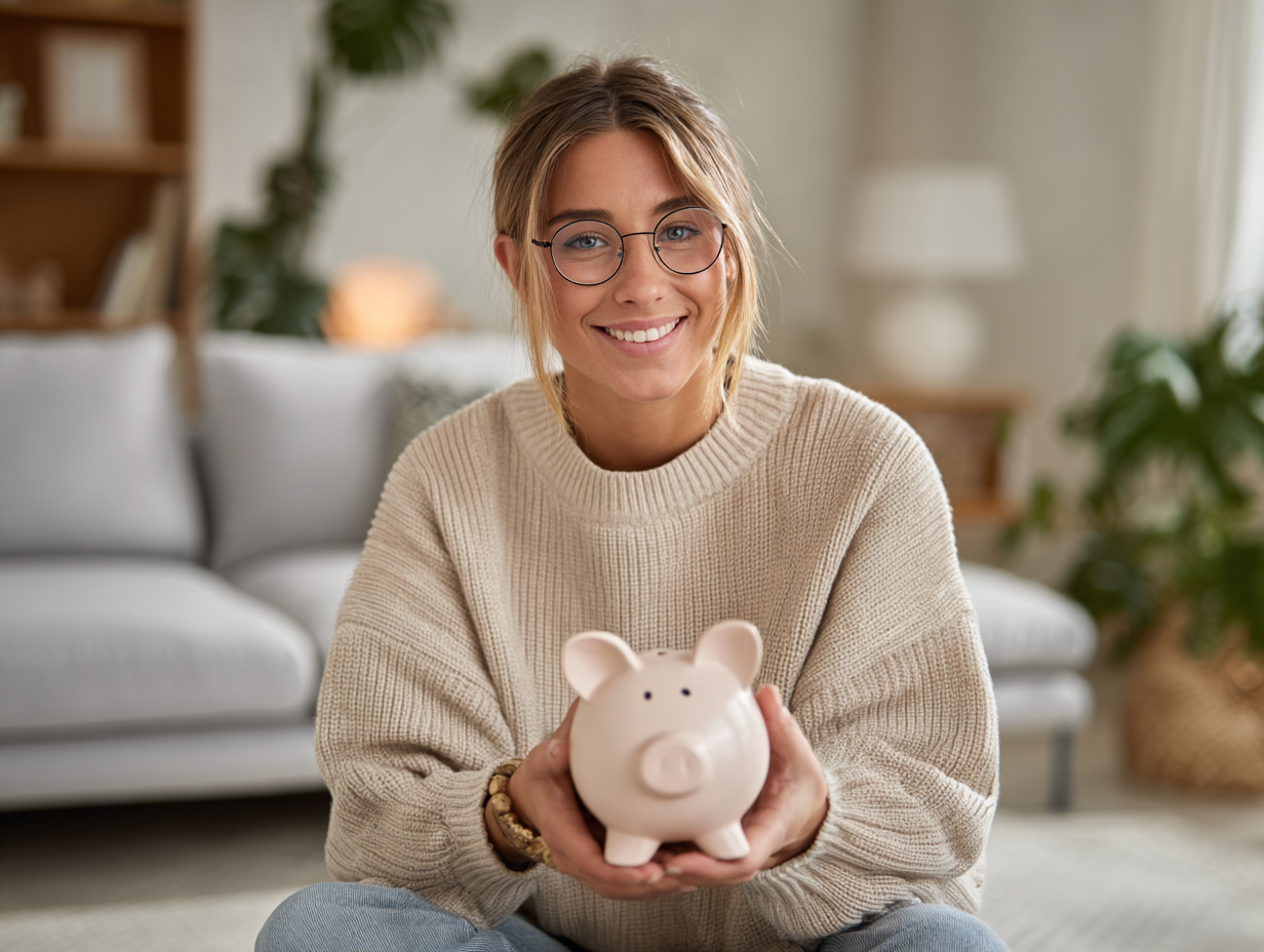 Frau sitzt auf Sofa, hält lächelnd ein Sparschwein als Symbol für Girokonto-Kontoführung.