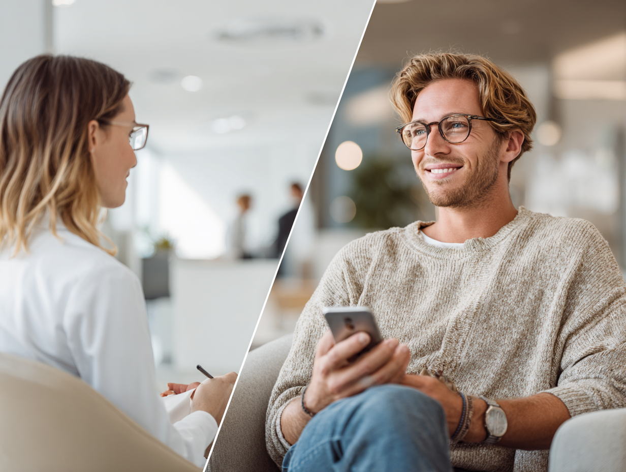 Zwei Personen im Videochat: Frau am Schreibtisch und lächelnder Mann im Sessel mit Smartphone besprechen ihr Girokonto.