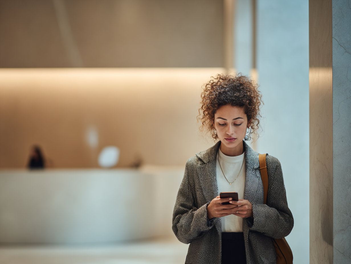 Frau im hellen Empfangsbereich prüft ihr Girokonto per Smartphone.