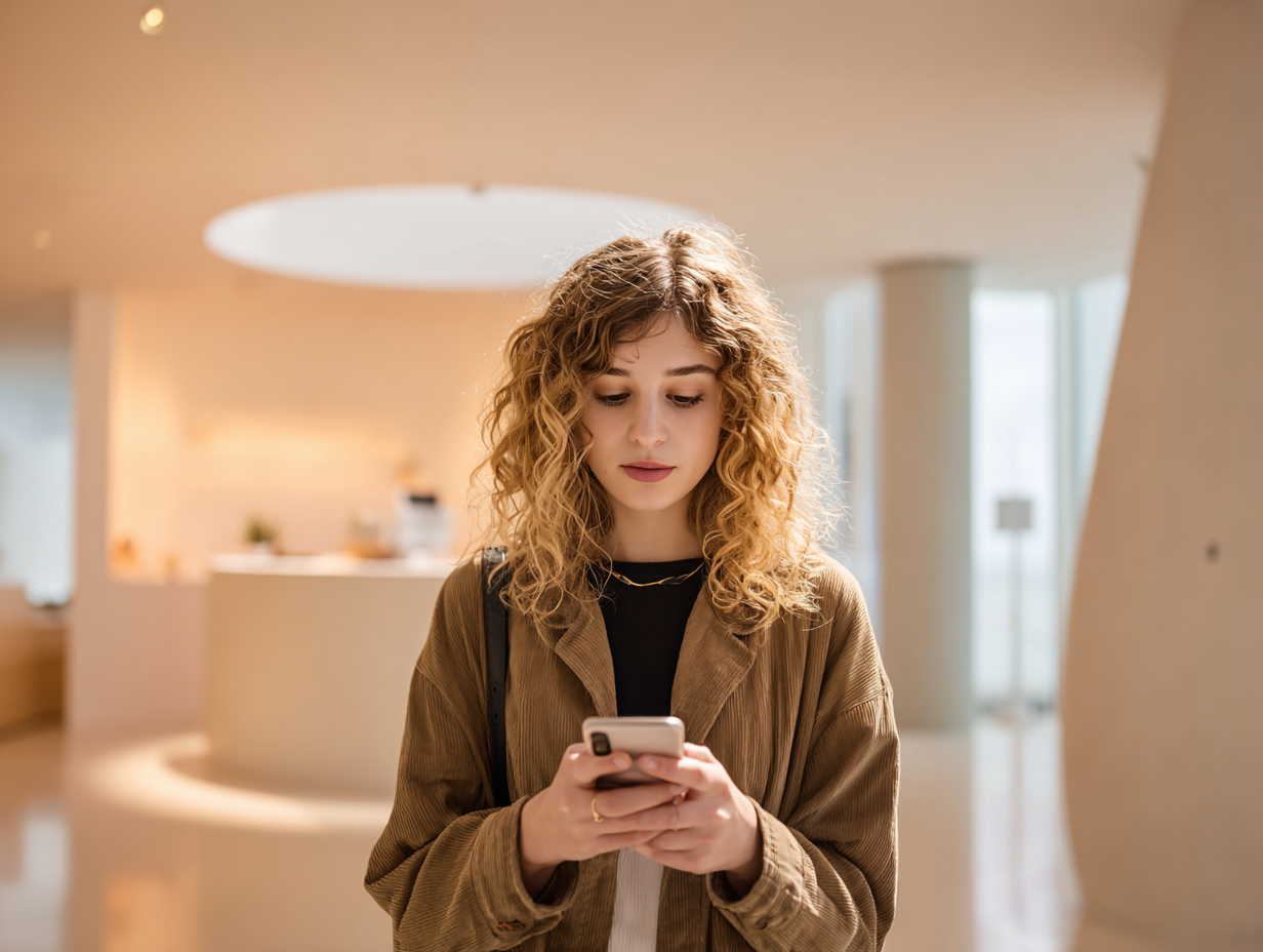 Frau in modernem, lichtdurchfluteten Innenraum prüft über Smartphone ihr Girokonto.
