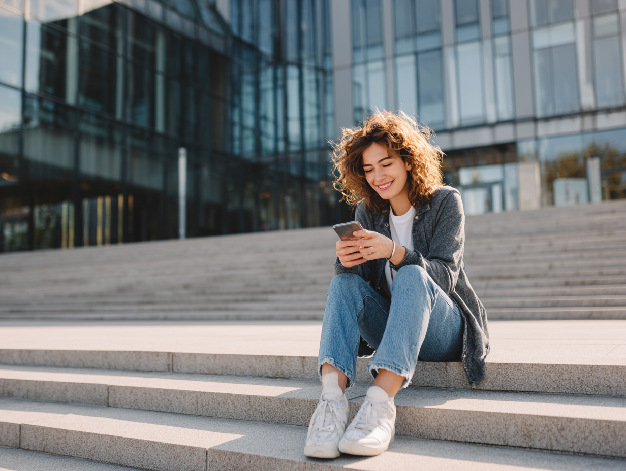 Frau sitzt auf Außentreppen eines modernen Bürogebäudes und prüft ihr Girokonto per Smartphone.