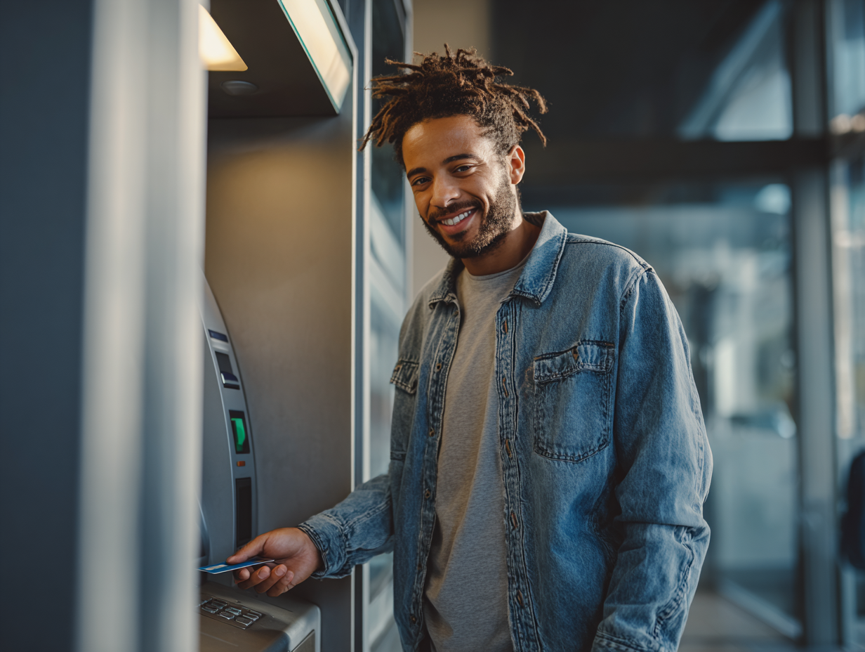 Junger Mann steht vor einem Bankautomat und hält eine Bankkarte in der Hand