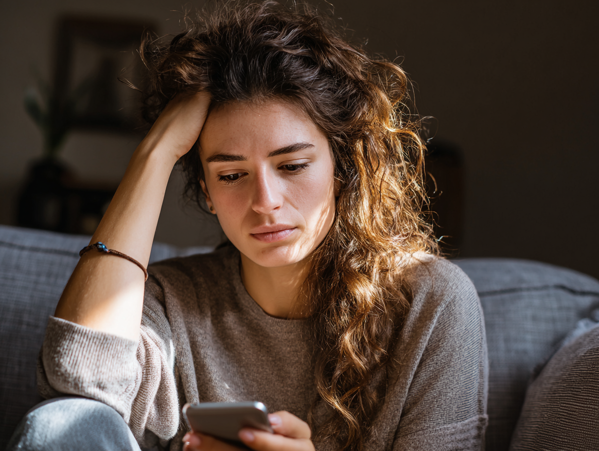 Nachdenkliche Frau auf Sofa blickt besorgt auf ihr Smartphone, während sie ihr Girokonto prüft.