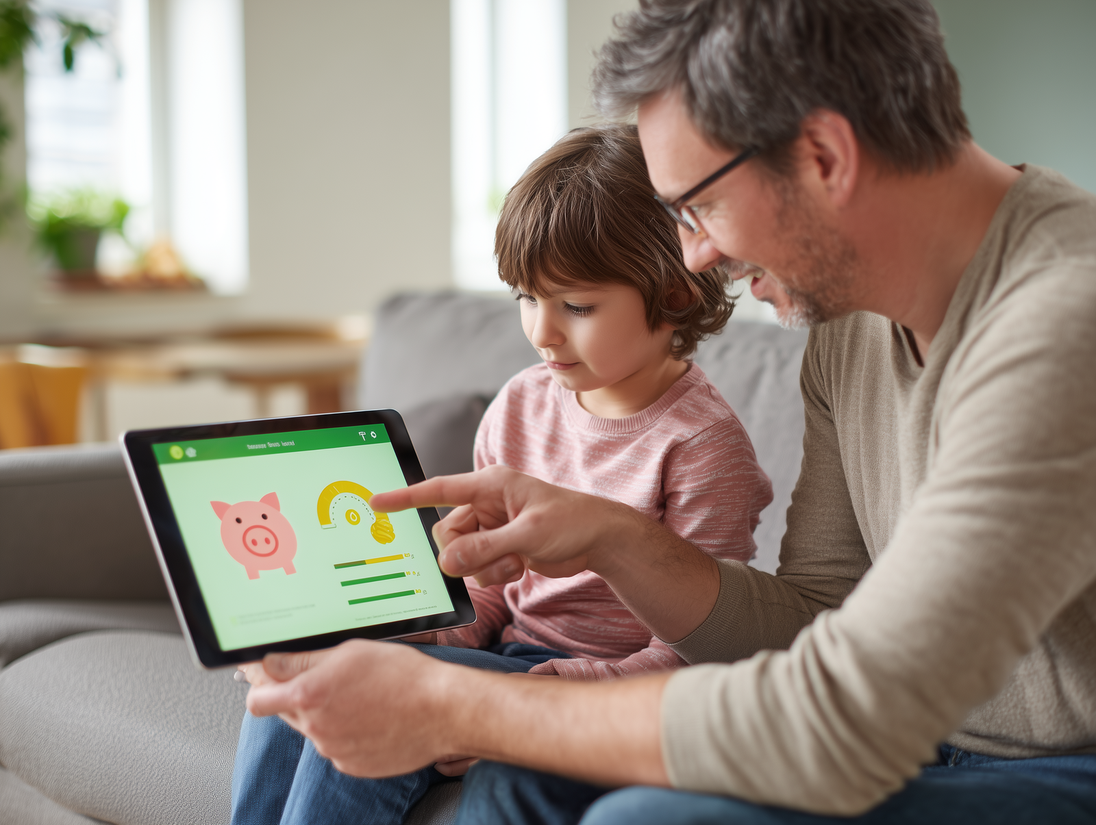 Vater zeigt Kind am Laptop eine bunte Grafik mit Sparschwein und Kontostatistik fürs Kinderkonto.