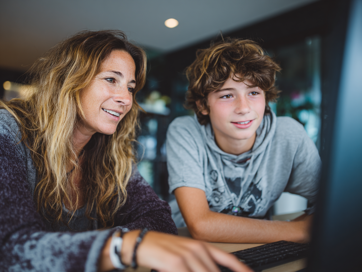 Mutter und Sohn sitzen nebeneinander vor einem Laptop und schauen lächelnd Finanzinhalte an.