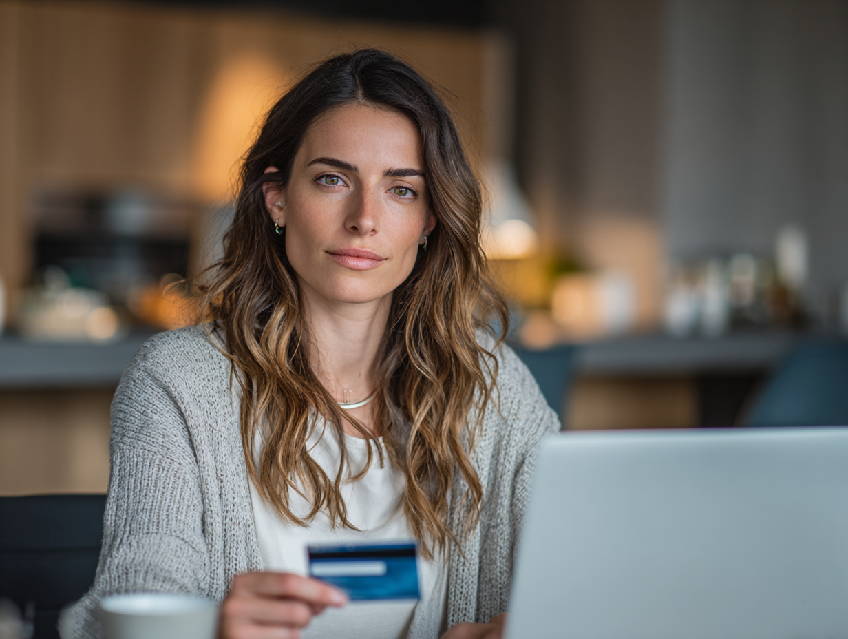 Ernste Frau hält ihre Bankkarte vor dem Laptop, um ihr Girokonto online zu verwalten.