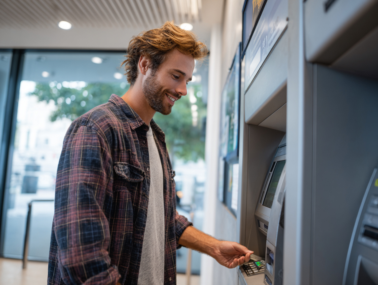 Junger Mann bedient im Freien einen Geldautomaten und zieht mit seiner Karte Bargeld.