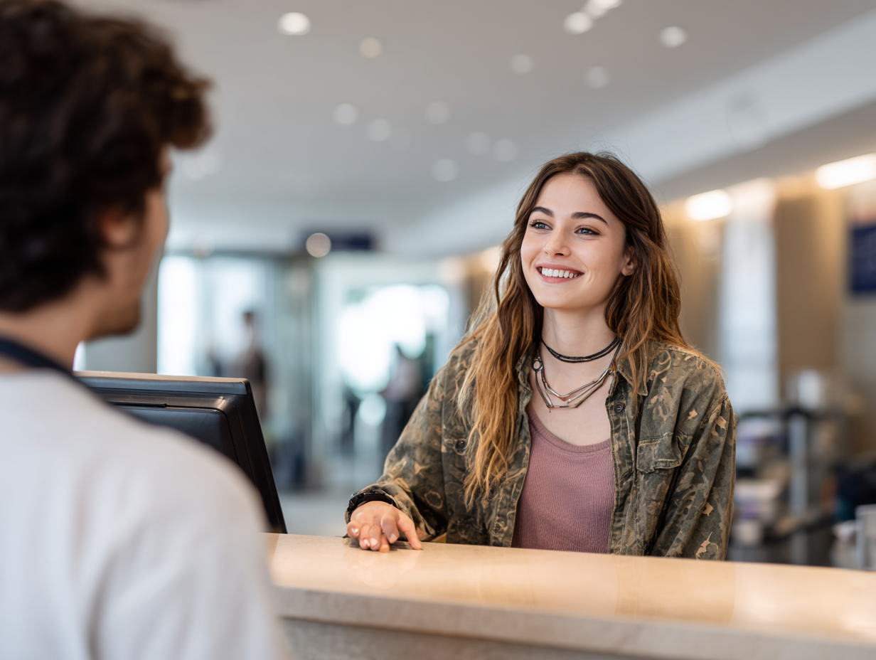 Junge Frau steht lächelnd an einem Bank-Schalter einer Filialbank.