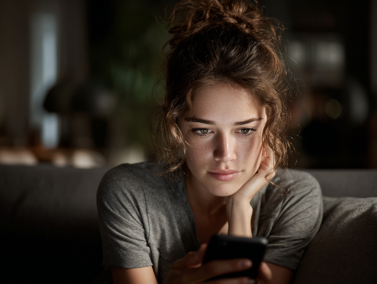 Junge Frau sitzt im Wohnzimmer und schaut nachdenklich auf ihr Smartphone beim Online-Banking.