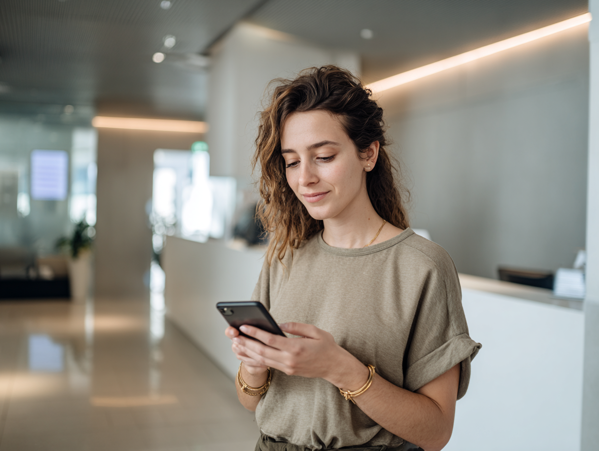 Junge Frau steht in modernem Eingangsbereich und prüft ihr Konto auf dem Smartphone.