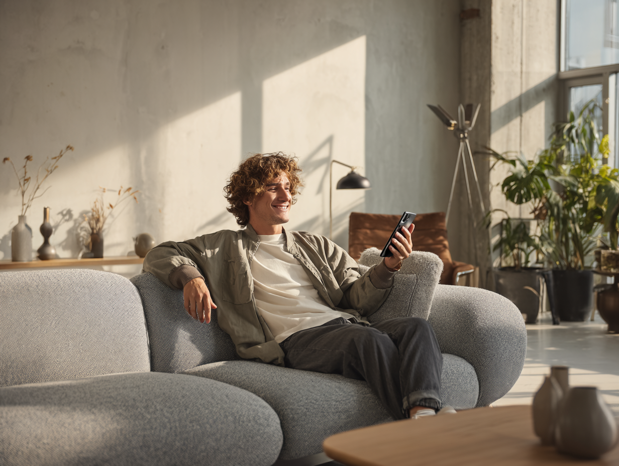 Mann sitzt auf Sofa im Wohnzimmer und überprüft glücklich Tagesgeldzinsen auf ihrem Smartphone.