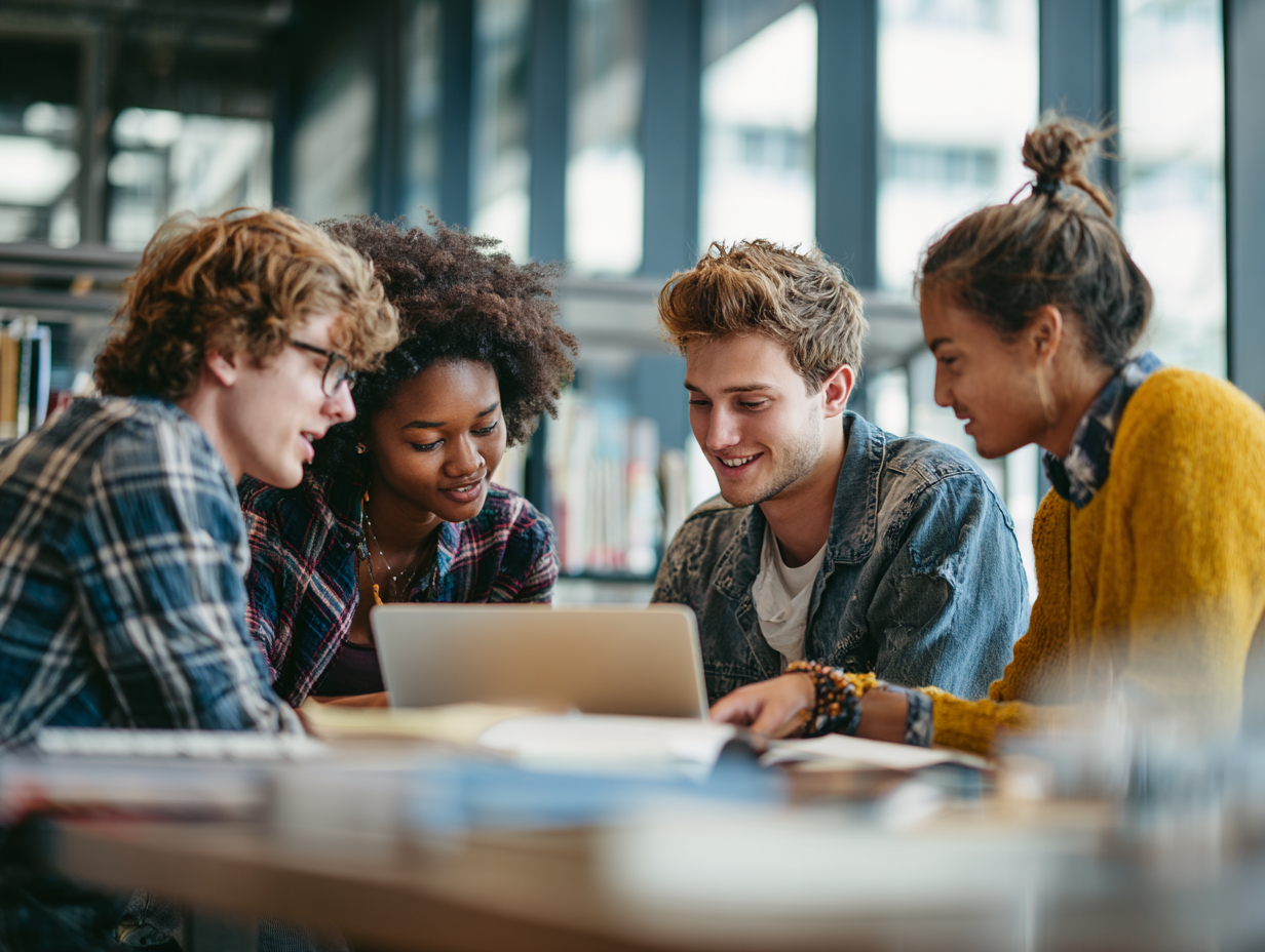 Vier junge Erwachsene sitzen in modernem Co-Working-Space um einen Laptop und vergleichen gemeinsam Tagesgeldzinsen.