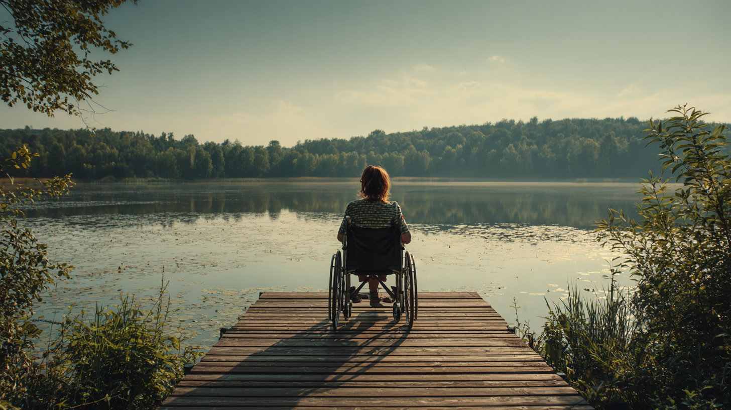 Junge Frau im Rollstuhl steht auf einem Steg vor einem See