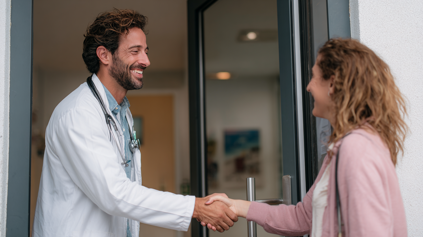 ein Arzt mittleren Alters schüttelt einer Patientin die Hand, während sie zur Tür reinkommt